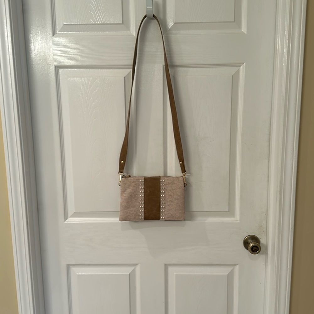 Stylish Beige & Tan Crossbody Bag with Stud Detail